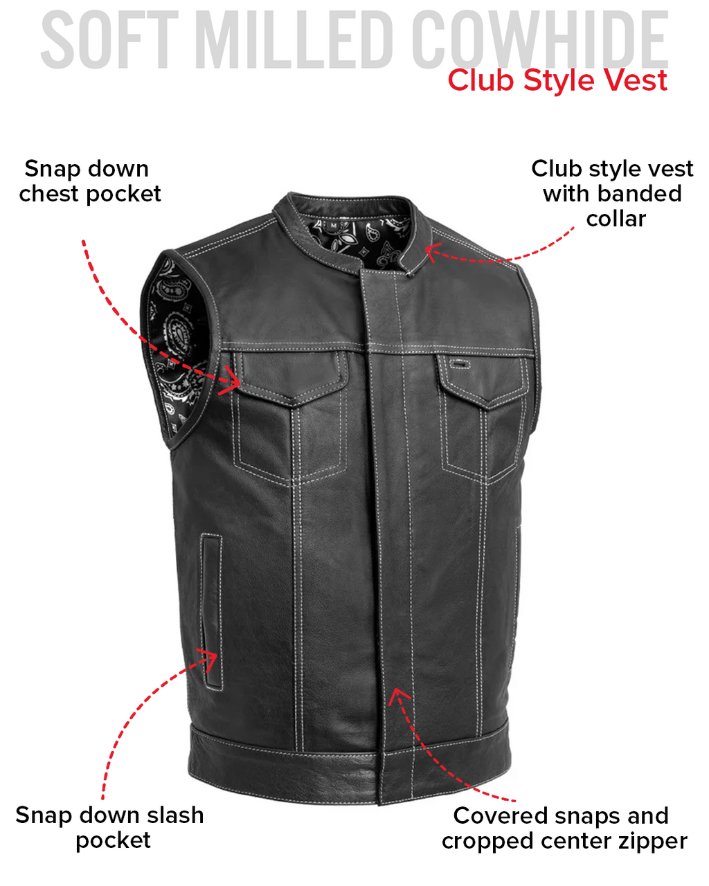 The Cut Men's Motorcycle Leather Vest, Multiple Color Options