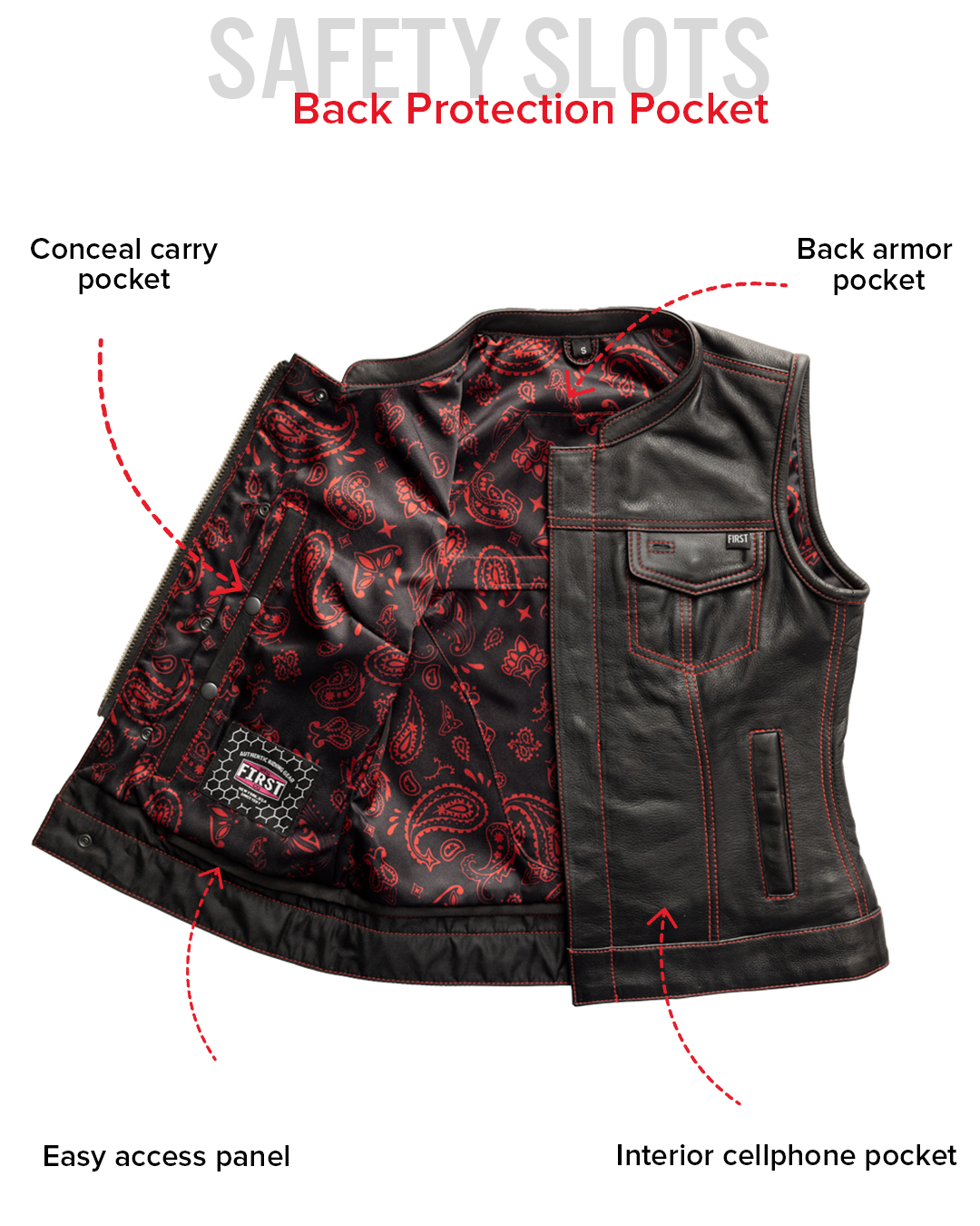Jessica Women's Motorcycle Leather Vest - Black/Red - Limited Edition
