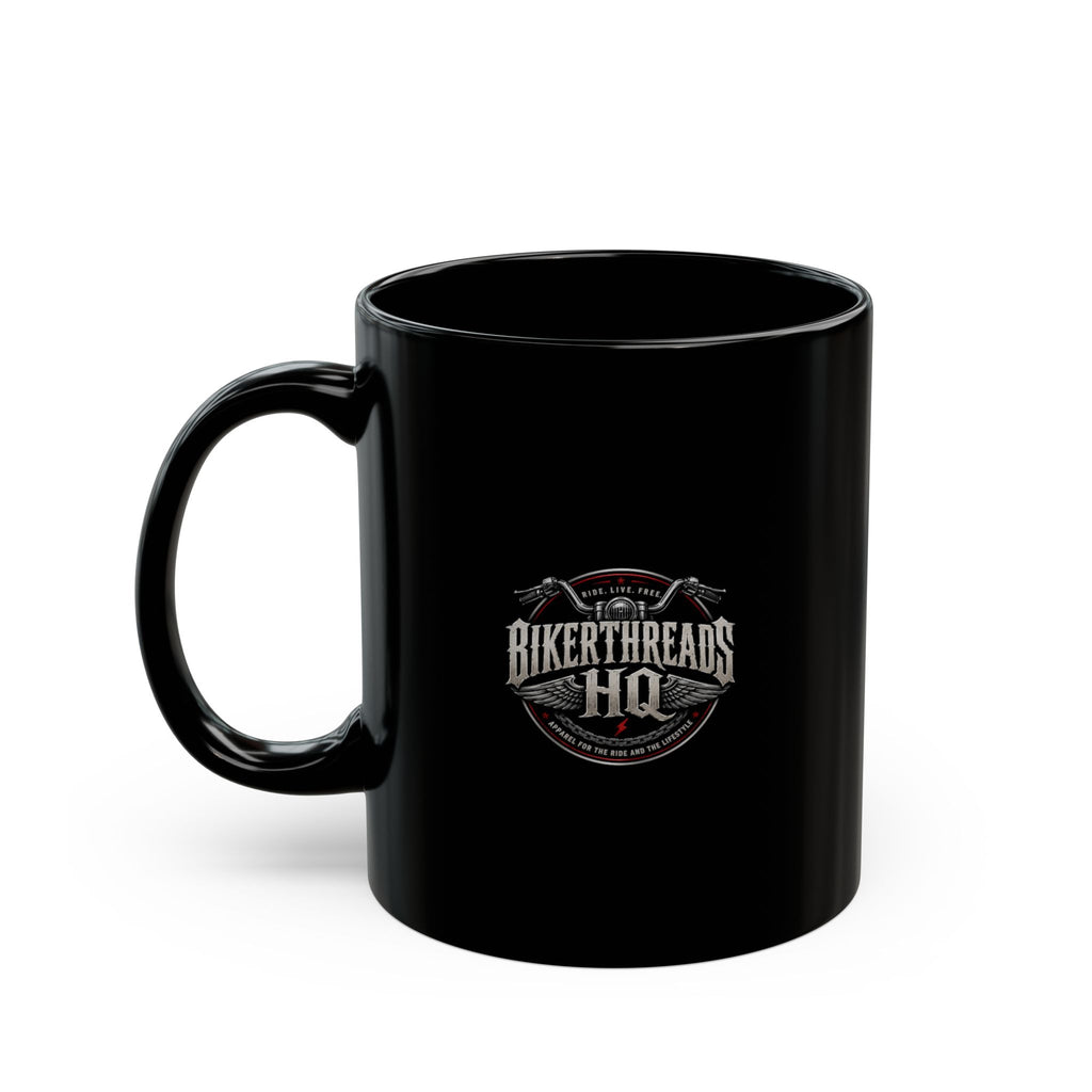 BikerThreads HQ Logo Biker Prayer Black Coffee Mug — 11oz & 15oz Motorcycle Logo Gift