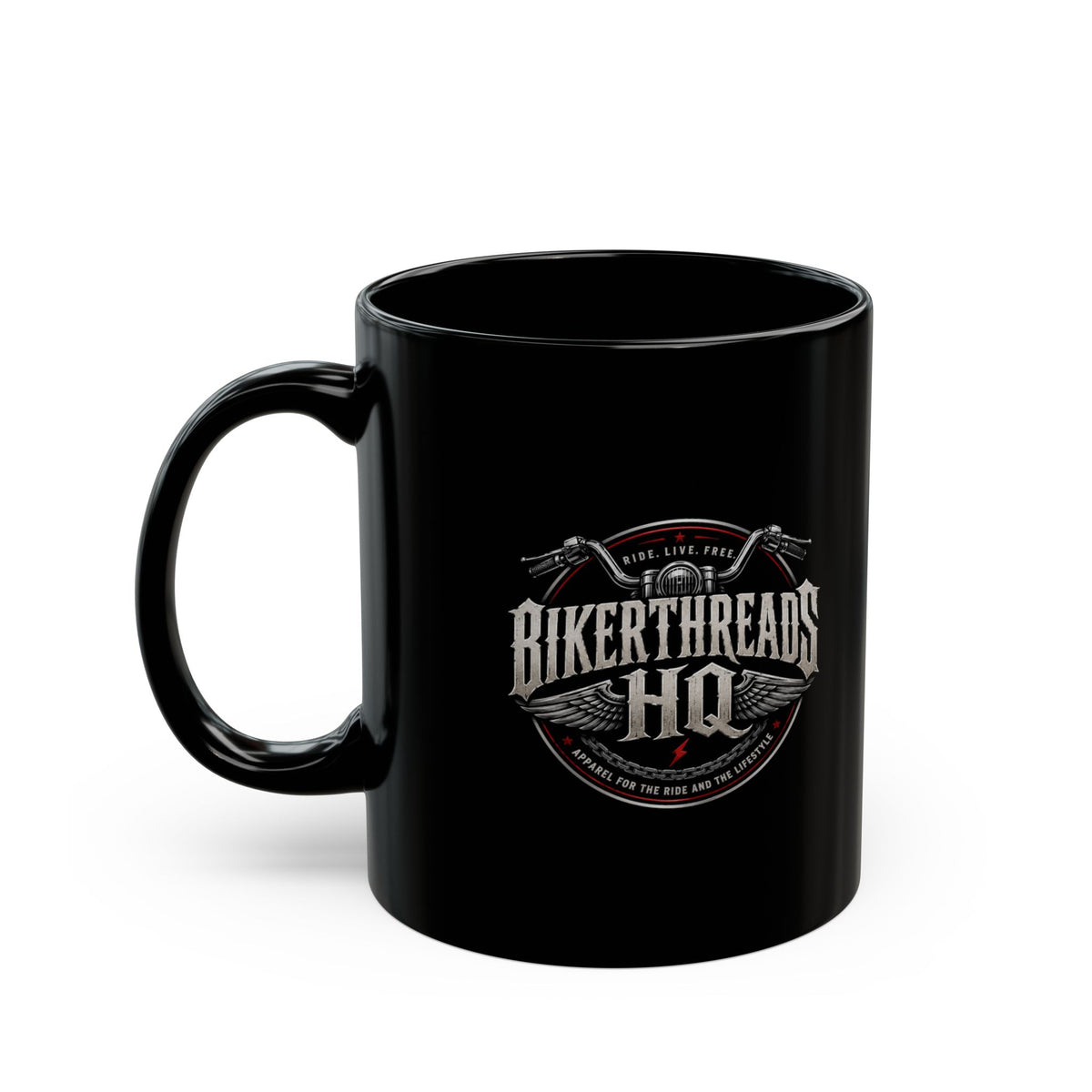 BikerThreads HQ Logo Biker Prayer Black Coffee Mug — 11oz & 15oz Motorcycle Logo Gift
