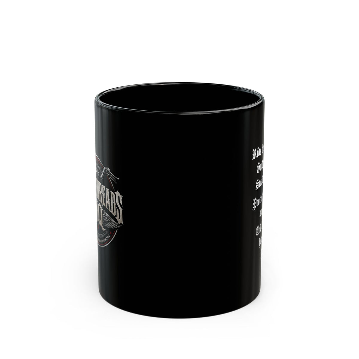 BikerThreads HQ Logo Biker Prayer Black Coffee Mug — 11oz & 15oz Motorcycle Logo Gift