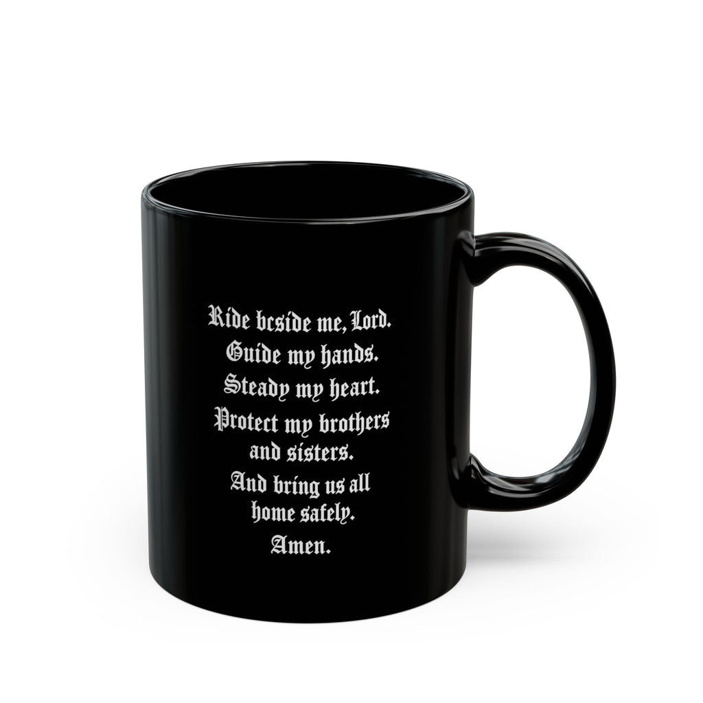 BikerThreads HQ Logo Biker Prayer Black Coffee Mug — 11oz & 15oz Motorcycle Logo Gift