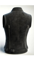 Black Distressed Leather Vest for Women