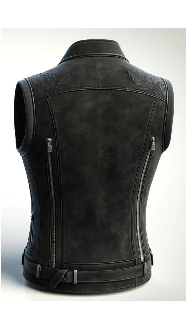 Black Distressed Leather Vest for Women