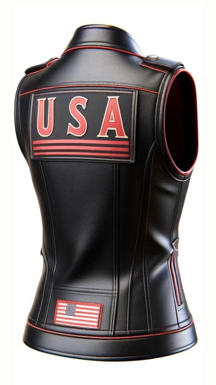 USA Patriotic Print Leather Vest for Women