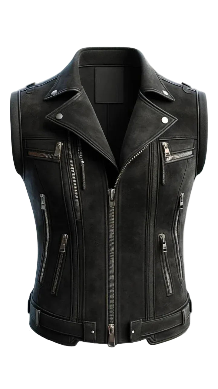 Black Distressed Leather Vest for Women
