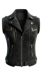 Black Distressed Leather Vest for Women