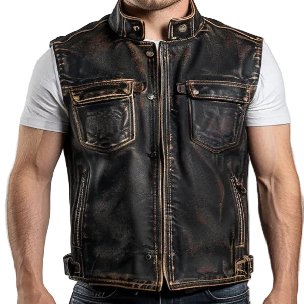 Enzo Men Vintage Brown Leather Vest