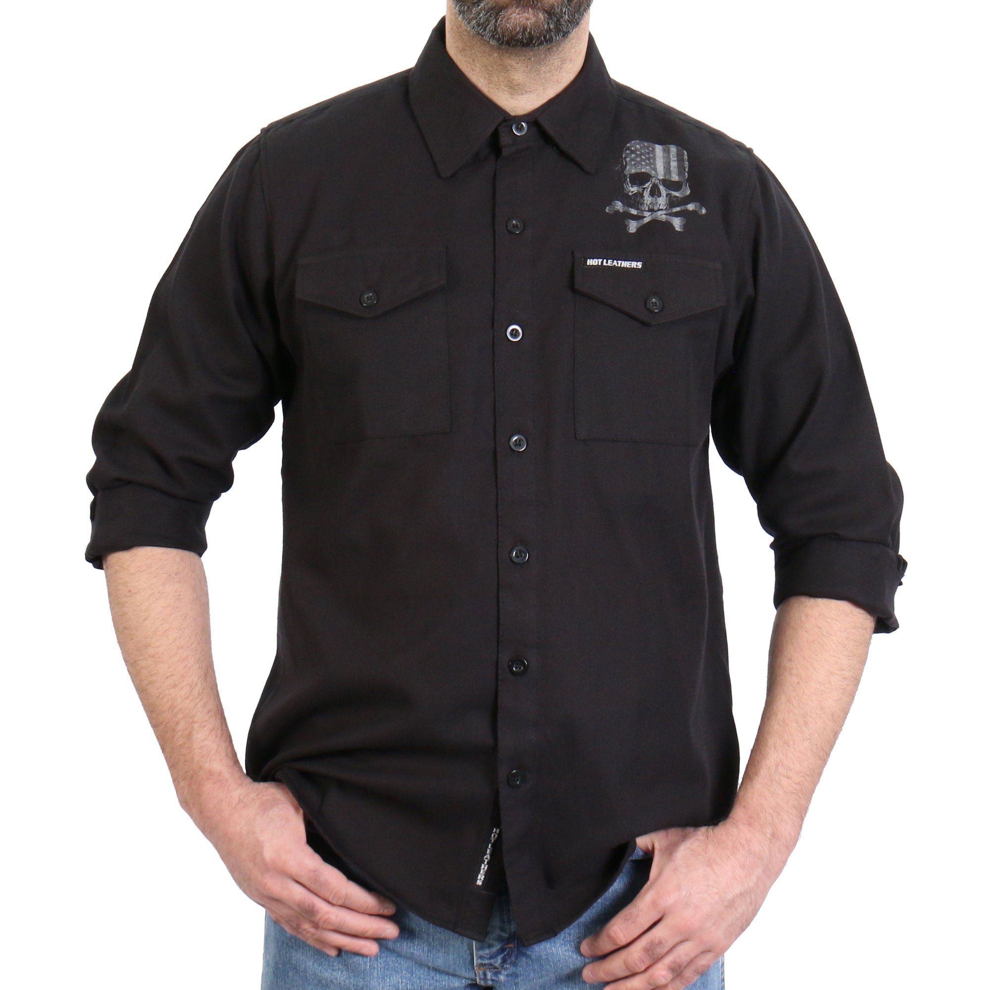 Hot Leathers Men's 'Black Flag' Black Cotton Flannel Shirt - Button Front - Riding/Casual/ Work Wear - FLM2113