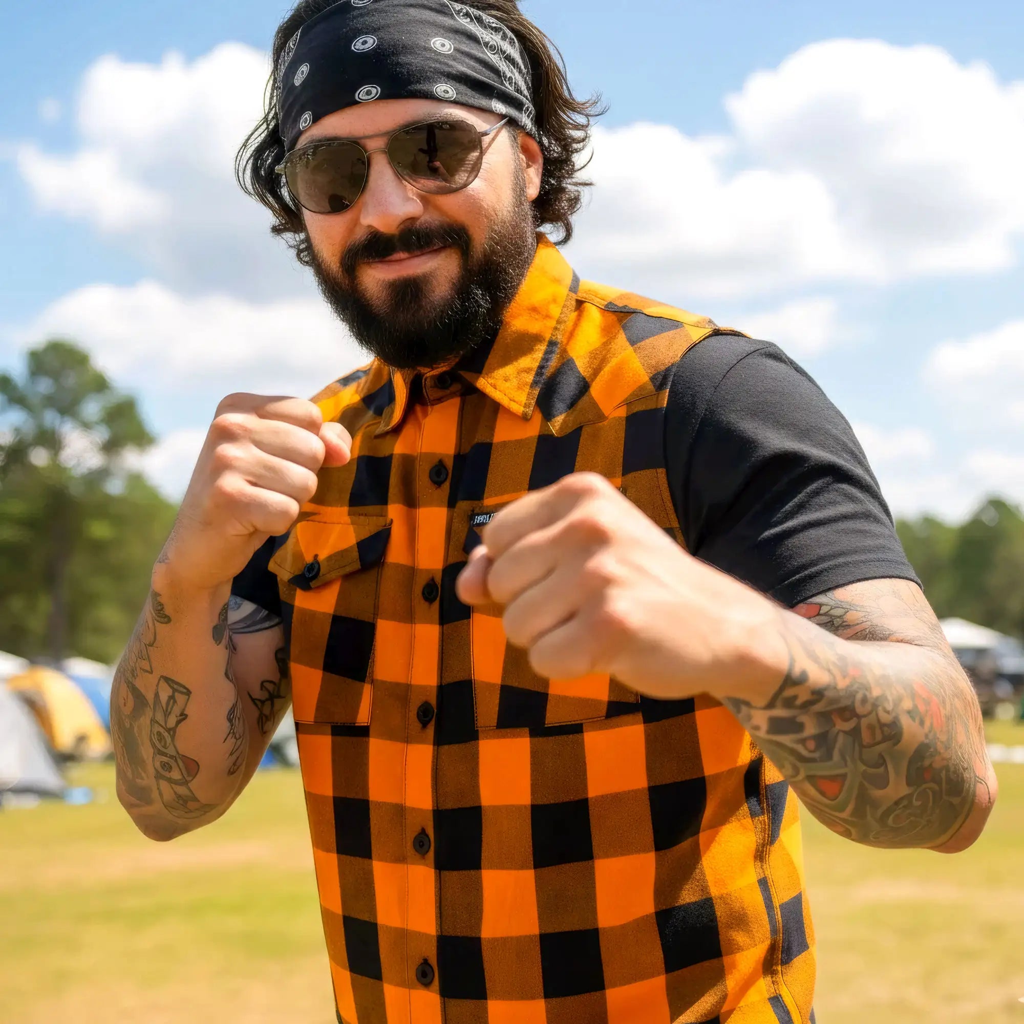Hot Leathers Men's 'Broken Halo' Black/Orange Cotton Flannel Shirt - Button Front - Riding/Casual/ Work Wear - FLM5003