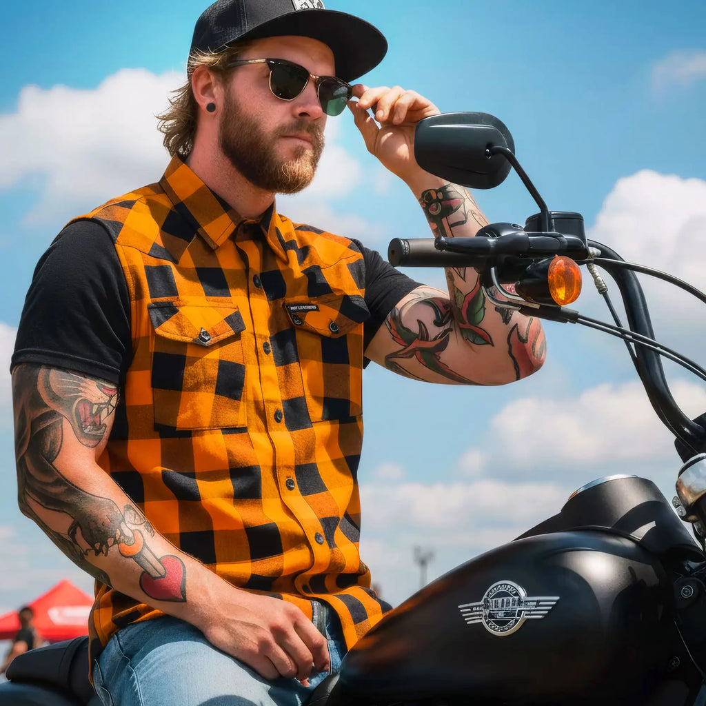 Hot Leathers Men's 'Broken Halo' Black/Orange Cotton Flannel Shirt - Button Front - Riding/Casual/ Work Wear - FLM5003