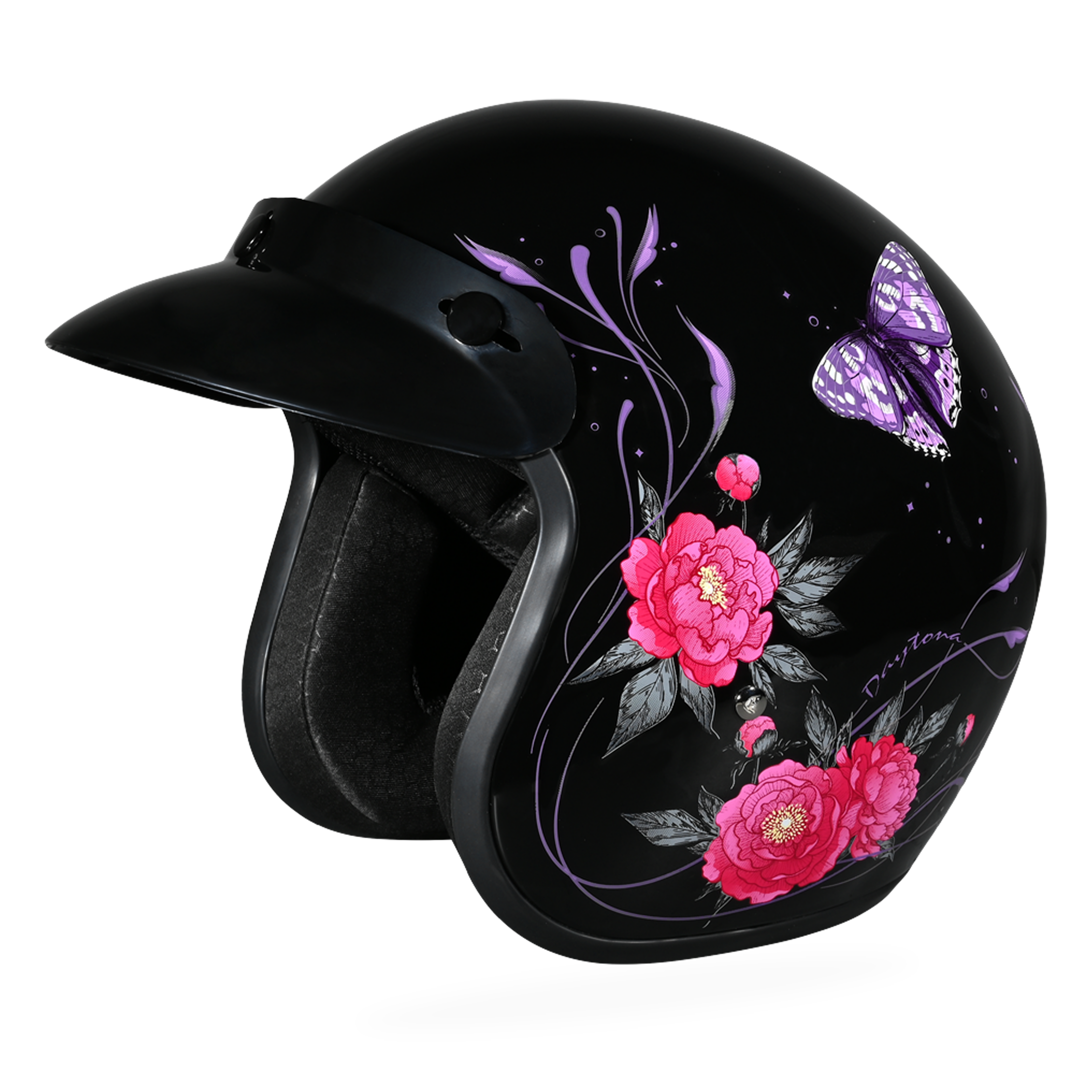DOT Approved Daytona Cruiser Open Face Motorcycle Helmet - Men, Women & Youth - With Visor & Graphics - W/ Butterfly