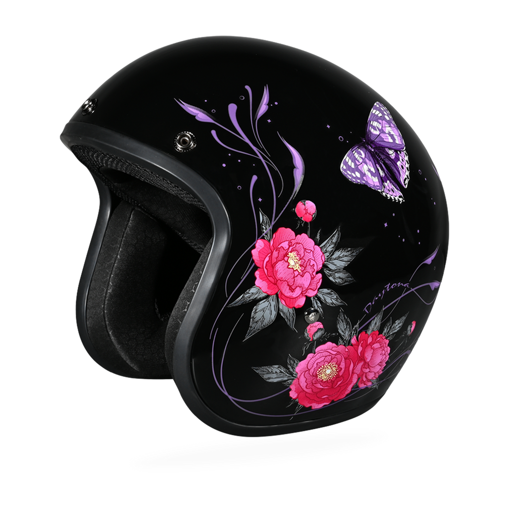 DOT Approved Daytona Cruiser Open Face Motorcycle Helmet - Men, Women & Youth - With Visor & Graphics - W/ Butterfly