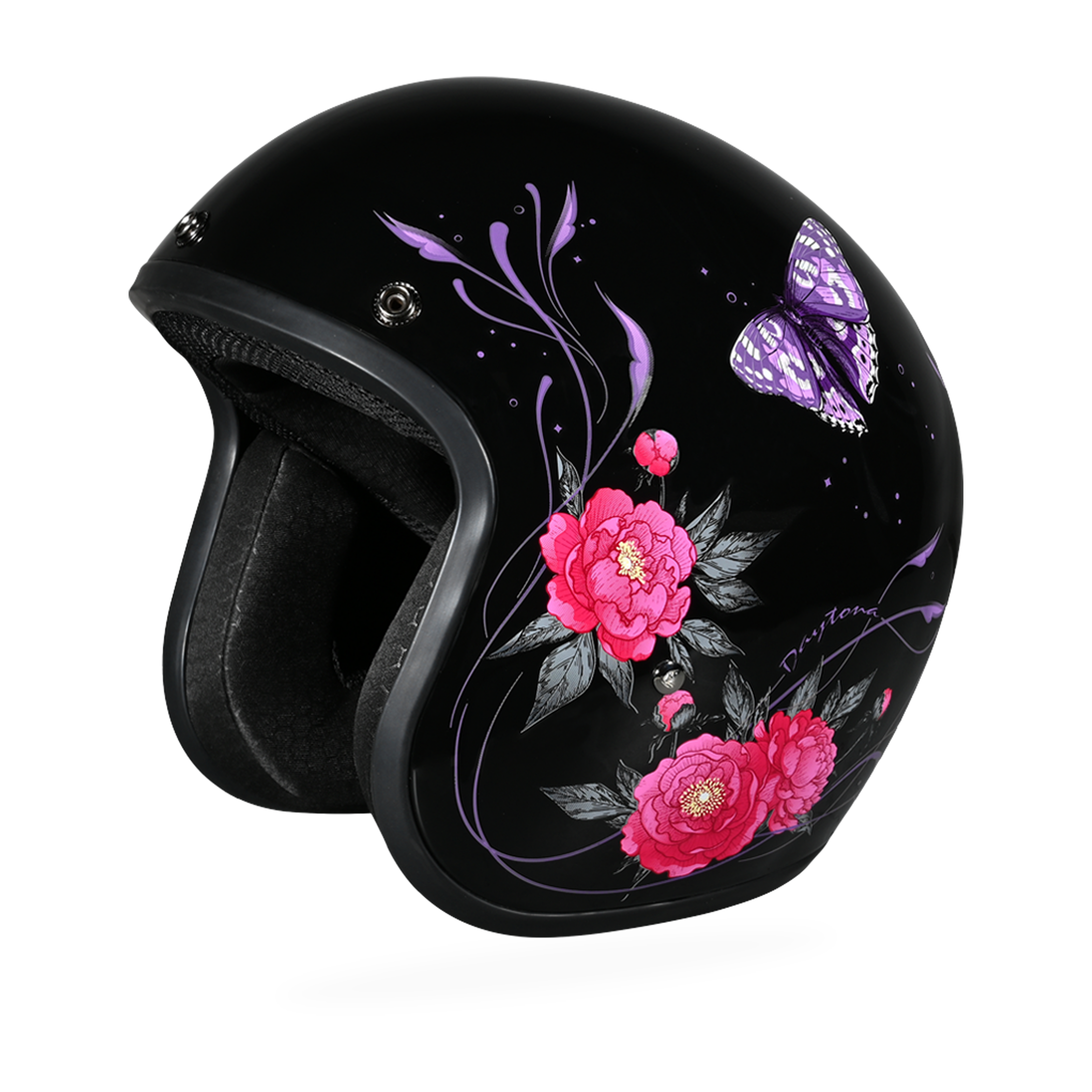 DOT Approved Daytona Cruiser Open Face Motorcycle Helmet - Men, Women & Youth - With Visor & Graphics - W/ Butterfly
