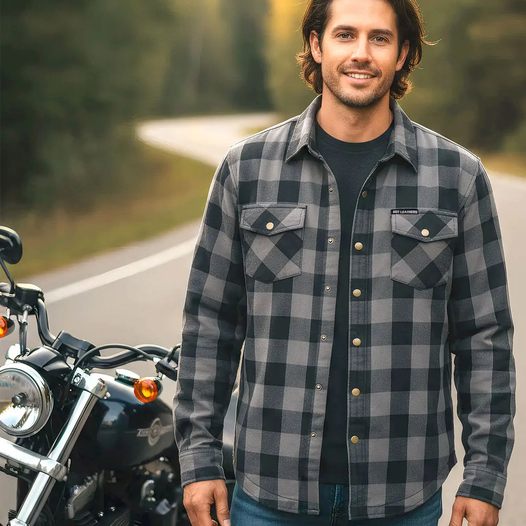 Hot Leathers Men's 'Last Stand' Gray Cotton Flannel Shirt - Button Front - Riding Protective Wear - JKM3004