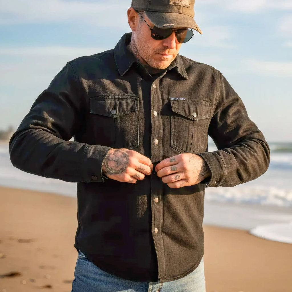 Hot Leathers Men's 'Backroad' Black Cotton Flannel Shirt - Button Front - Riding Protective Wear - JKM3009