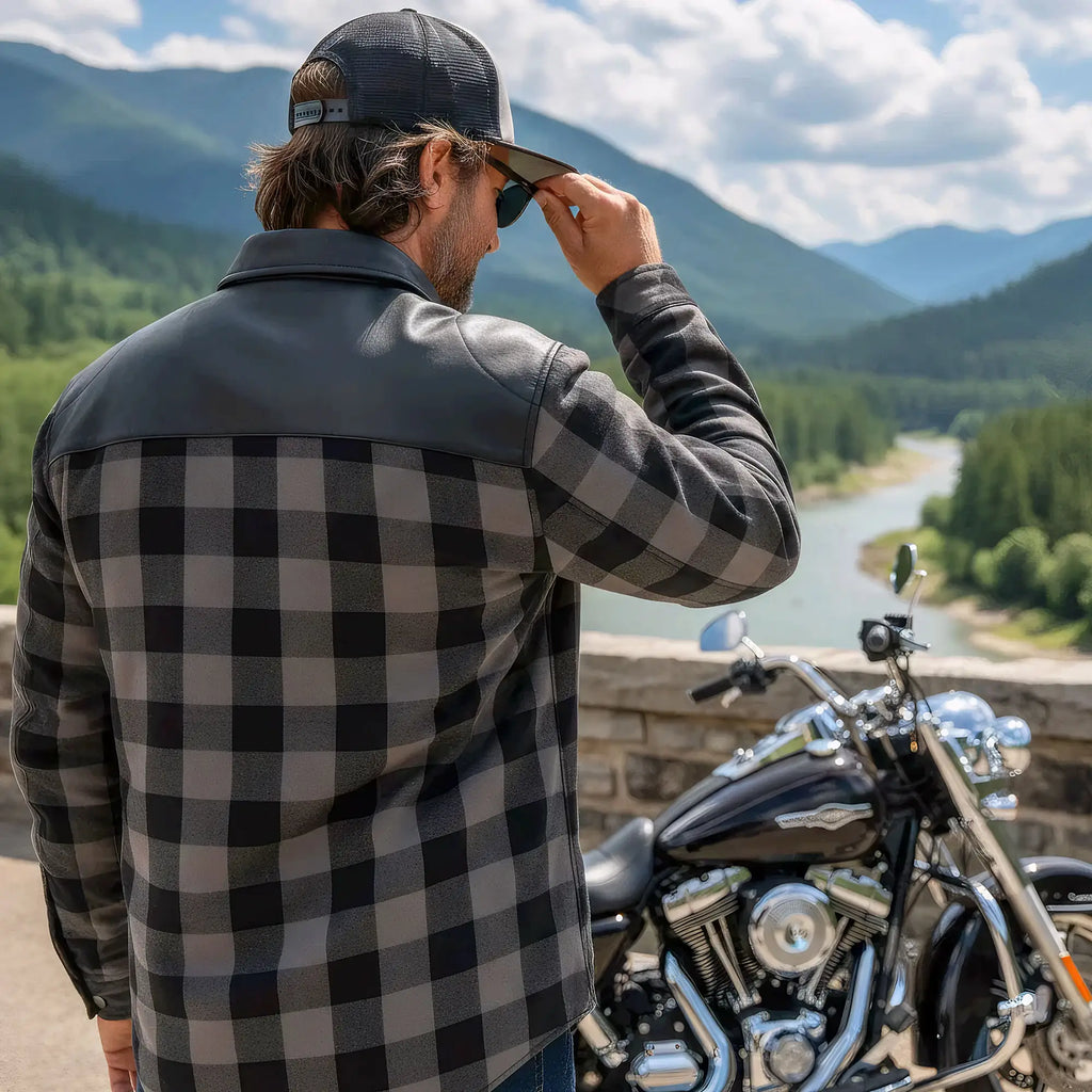 Hot Leathers Men's 'Black Flag' Gray/Black Cotton Flannel Shirt - Button Front - Riding Protective Wear - JKM3203