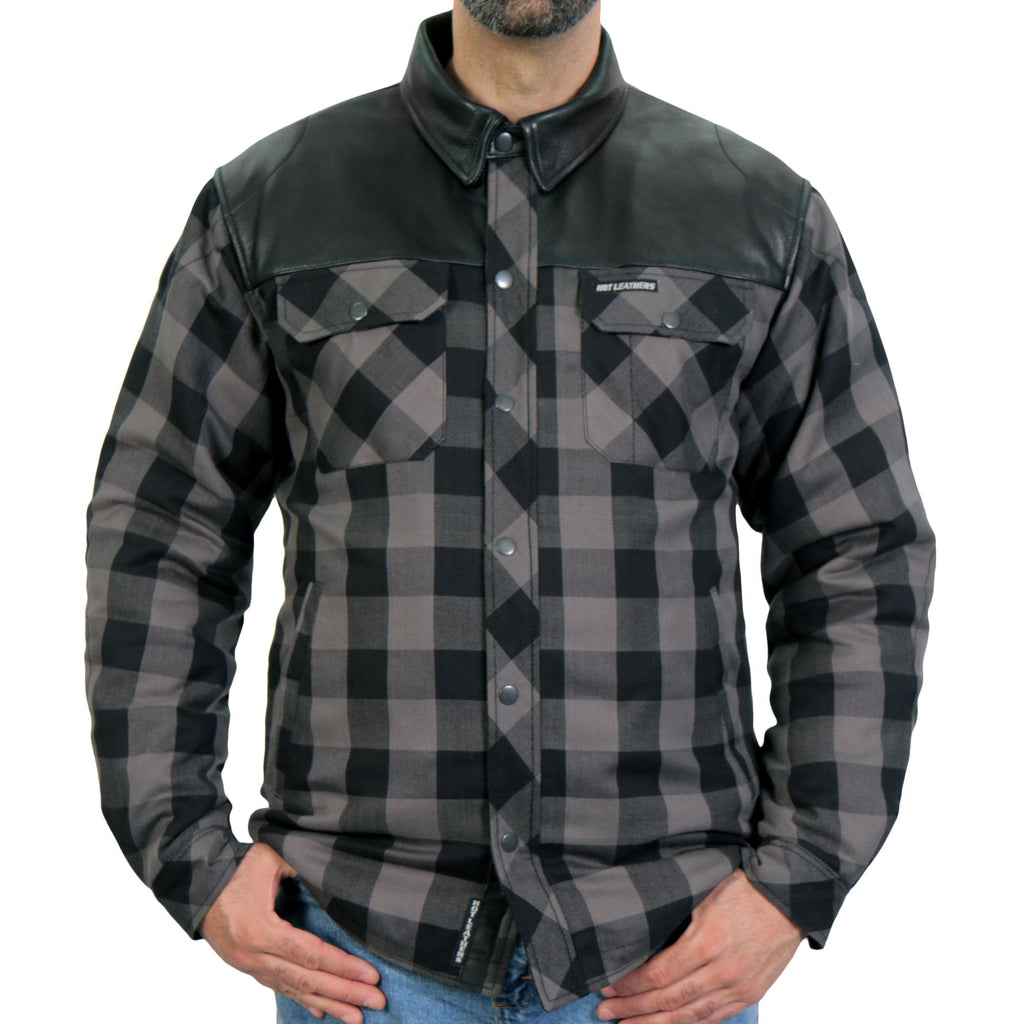 Hot Leathers Men's 'Black Flag' Gray/Black Cotton Flannel Shirt - Button Front - Riding Protective Wear - JKM3203