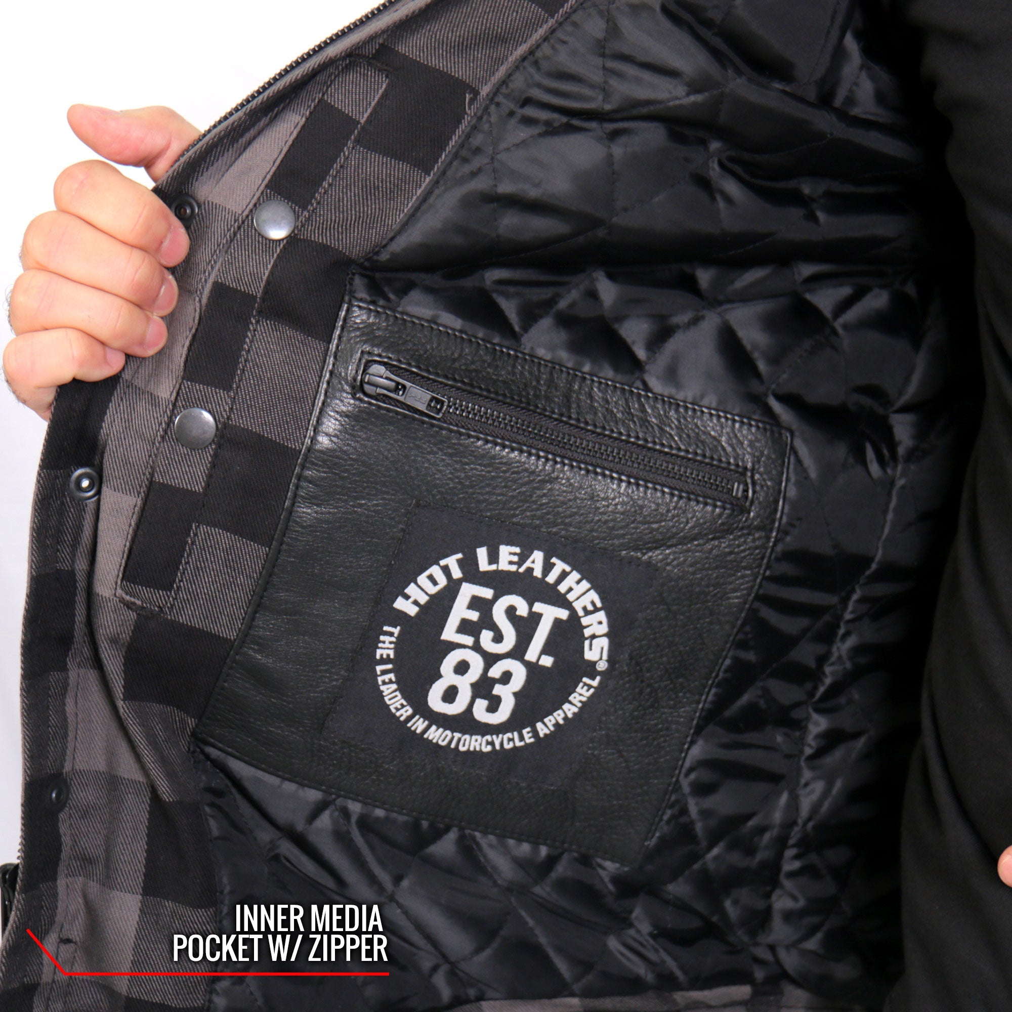 Hot Leathers Men's 'Black Flag' Gray/Black Cotton Flannel Shirt - Button Front - Riding Protective Wear - JKM3203