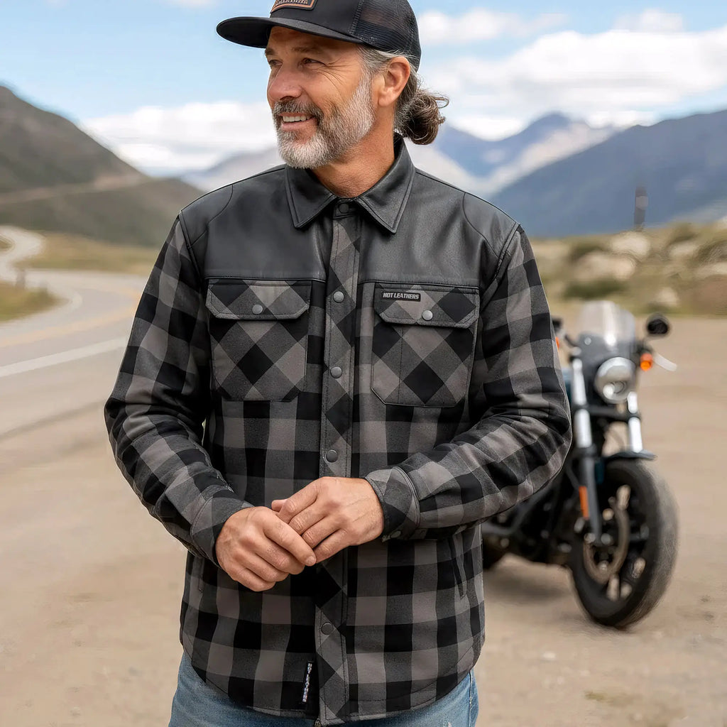 Hot Leathers Men's 'Black Flag' Gray/Black Cotton Flannel Shirt - Button Front - Riding Protective Wear - JKM3203