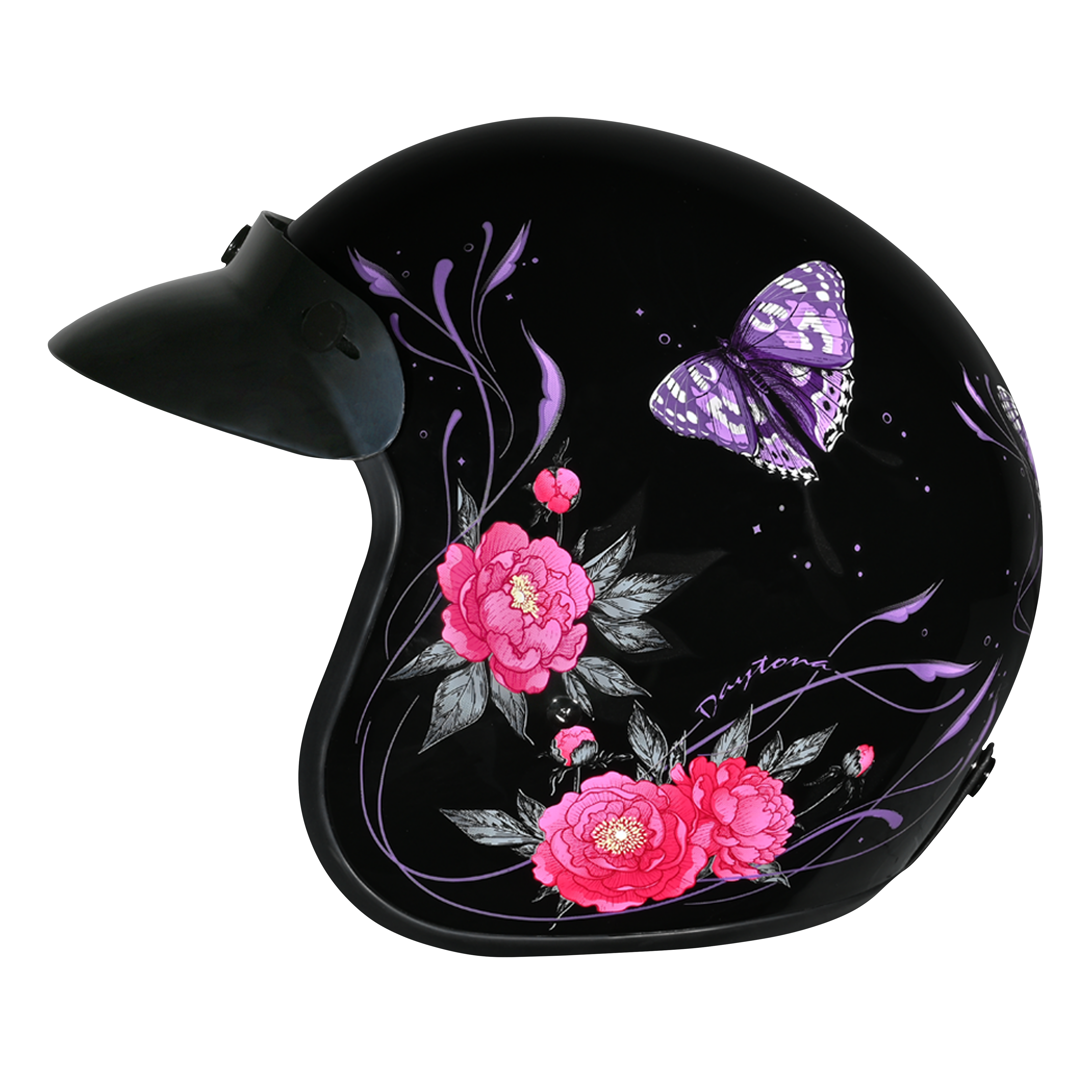 DOT Approved Daytona Cruiser Open Face Motorcycle Helmet - Men, Women & Youth - With Visor & Graphics - W/ Butterfly