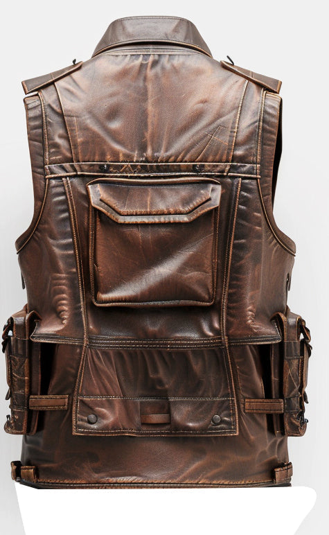 Distressed Military Style Leather Vest
