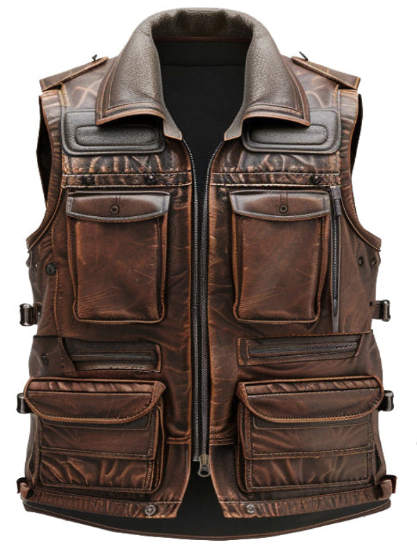 Distressed Military Style Leather Vest