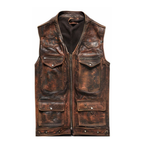 Vintage Strap Pockets Leather Distressed Vest