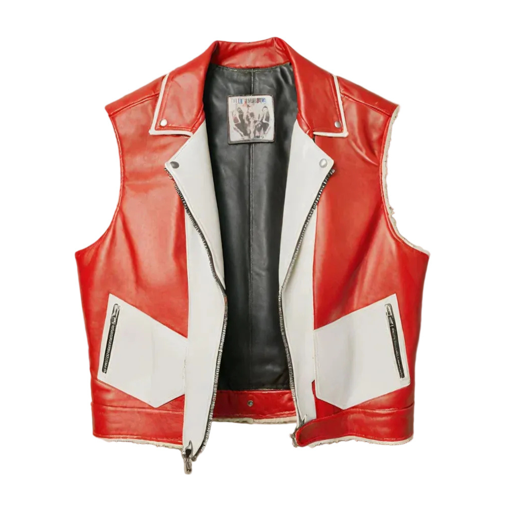 Women's Red & White Genuine Leather Vest Jacket