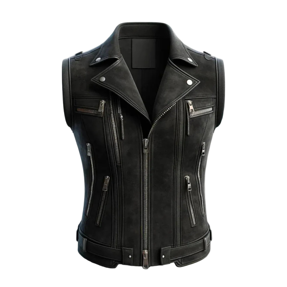 Black Distressed Leather Vest for Women