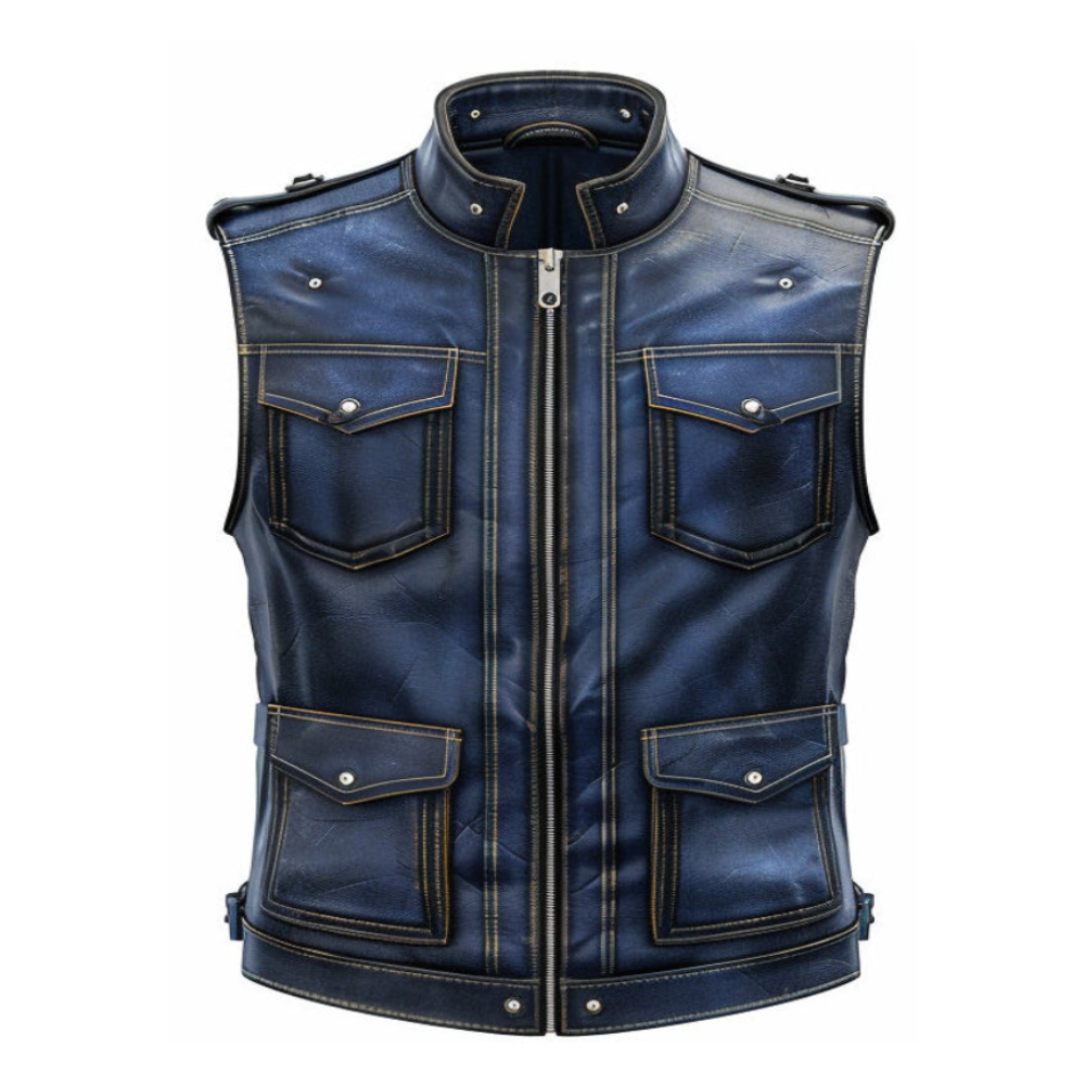 Men Blue Distressed Leather Vest