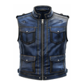 Men Blue Distressed Leather Vest