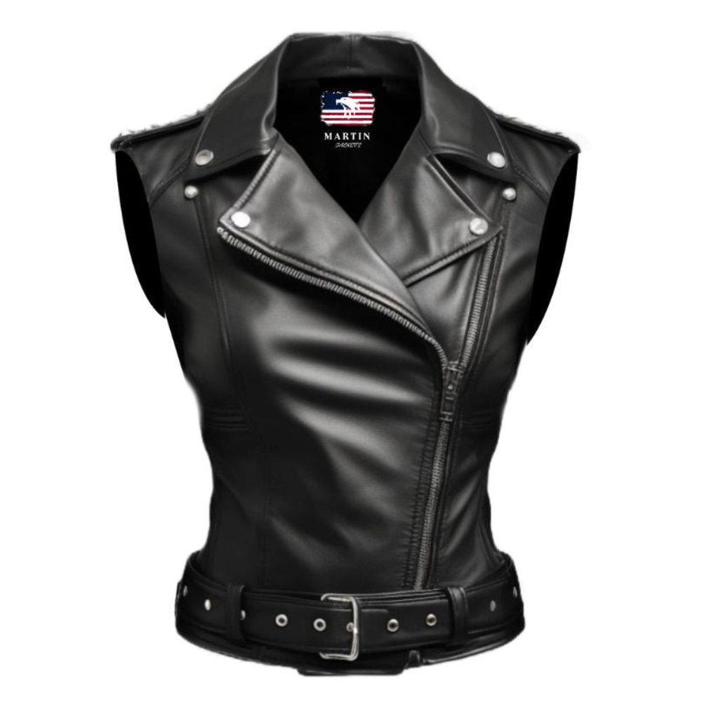 Women's Black Stylish Biker-Style Genuine Leather Vest