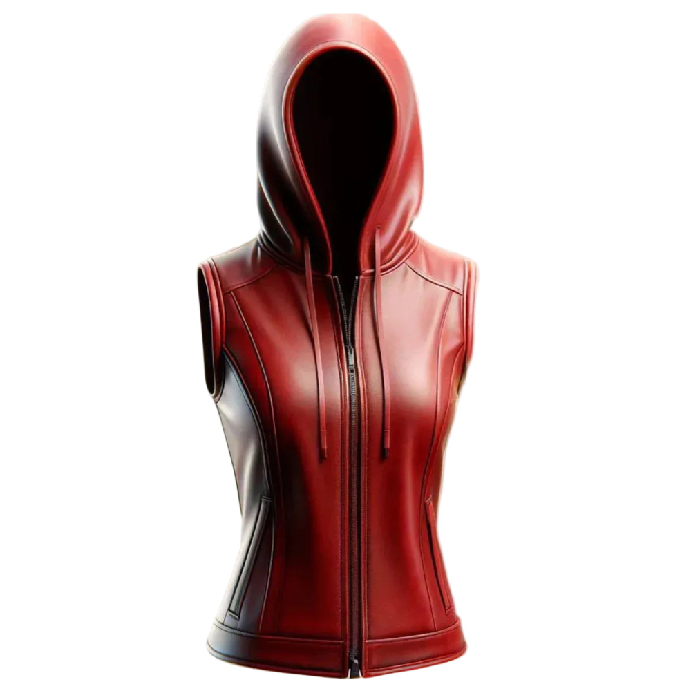 Women's Red Unique Motorcycle Biker Genuine Leather Vest=