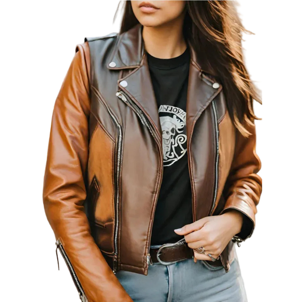 Brown & Dark Brown Biker Leather Jacket