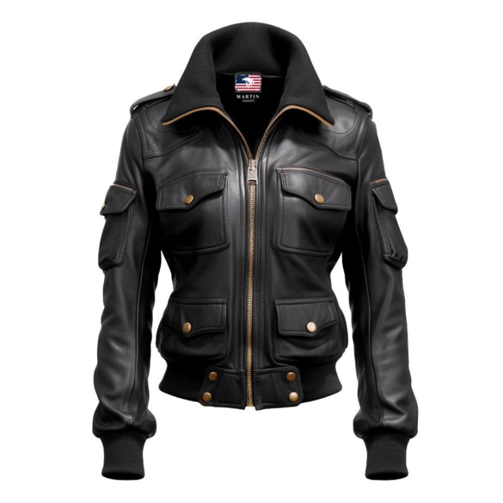 Women Black Biker Bomber Leather Jacket