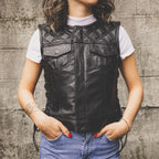 Bonnie - Women's Motorcycle Leather Vest - Diamond Quilt