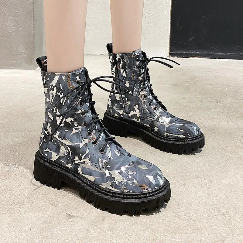 Floral Martin Boots for Women - Warm Winter Motorcycle Boots