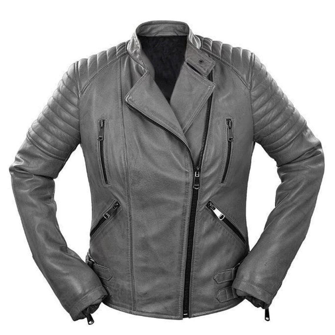 Handmade Gray Biker Leather Jacket