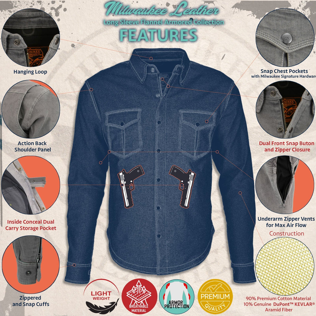 Milwaukee Leather Men's Hellbound Black CE Armored Flannel Shirt with Aramid Reinforced Zones - MPM1623