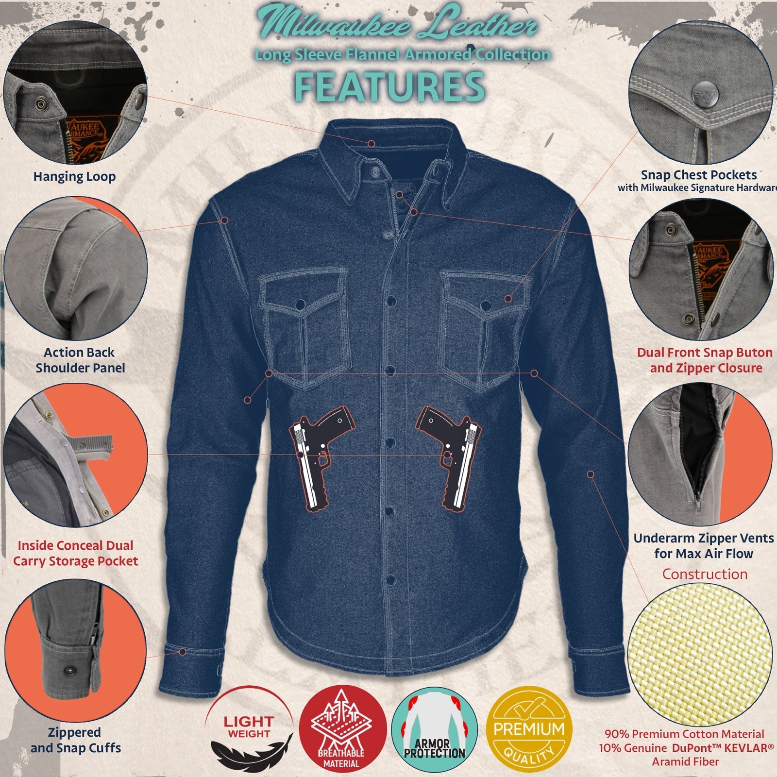 Milwaukee Leather Men's Hellbound Black CE Armored Flannel Shirt with Aramid Reinforced Zones - MPM1623