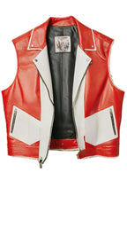 Women's Red & White Genuine Leather Vest Jacket