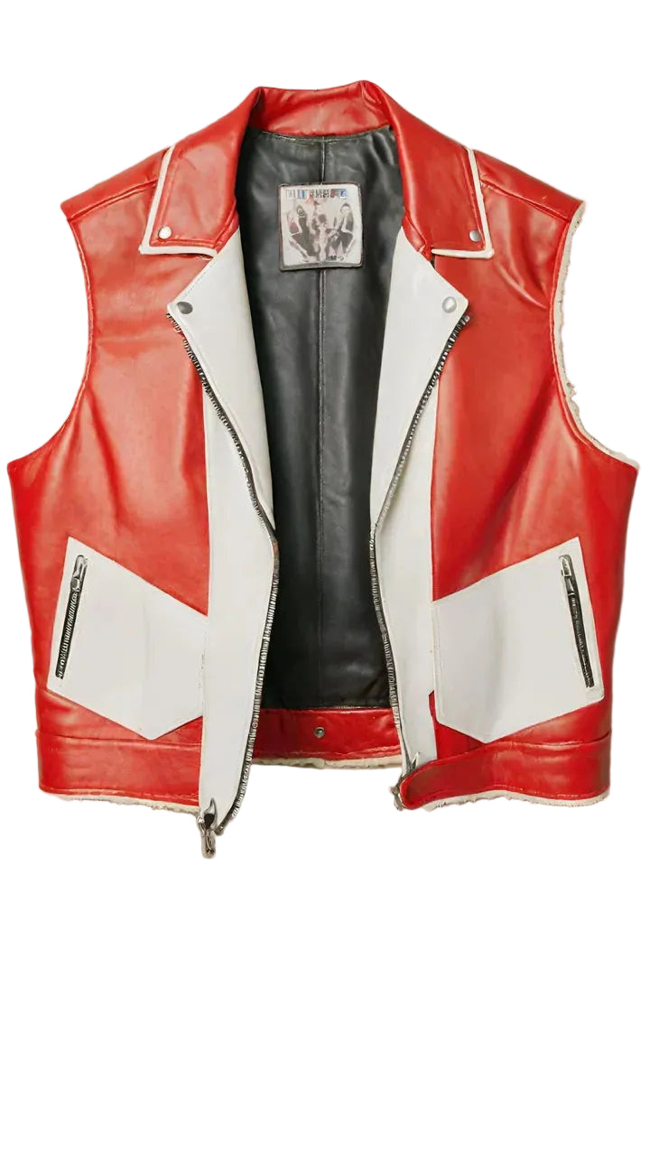 Women's Red & White Genuine Leather Vest Jacket