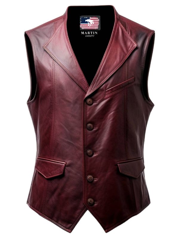 Men's Burgundy Distressed Genuine Leather Vest