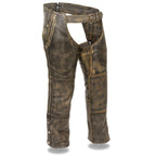 Milwaukee Leather Chaps for Men's Distressed Brown Leather Snap Out Thermal Lined 4-Pockets Motorcycle Chap MLM5500