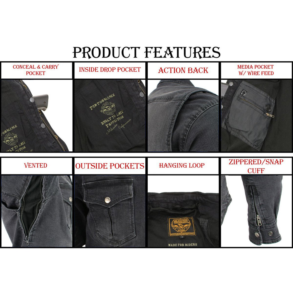 Milwaukee Leather Men's Avalanche Black CE Armored Flannel Shirt with Aramid Reinforced Zones - MPM1620