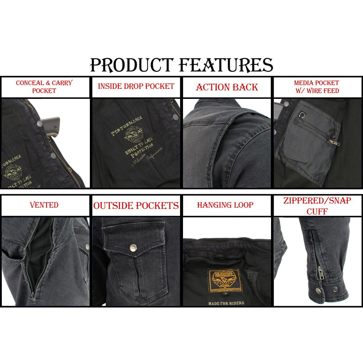 Milwaukee Leather Men's Avalanche Black CE Armored Flannel Shirt with Aramid Reinforced Zones - MPM1620